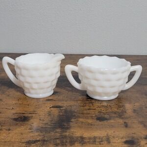 Anchor Hocking Milk Glass Sugar Creamer White Cube Cut Bubble Diamond Pattern C‎
